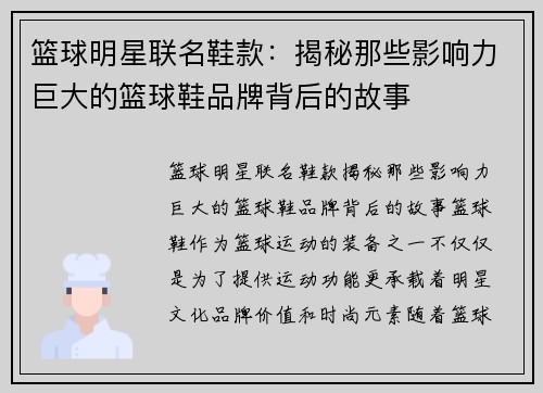 篮球明星联名鞋款：揭秘那些影响力巨大的篮球鞋品牌背后的故事