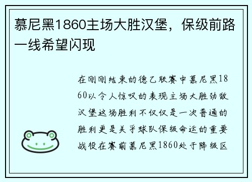 慕尼黑1860主场大胜汉堡，保级前路一线希望闪现