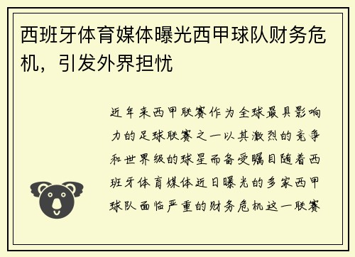 西班牙体育媒体曝光西甲球队财务危机，引发外界担忧